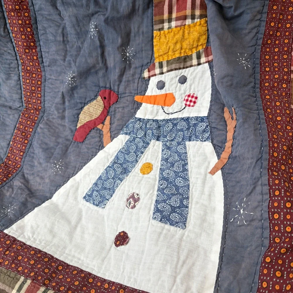 Vintage Primitive Snowman Quilt Throw Blue Plaid Rustic Farmhouse Holiday 60x48